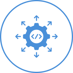 Blue gear with code symbol and arrows pointing outward inside a circle.