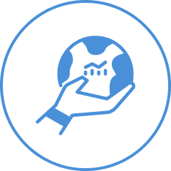 Hand holding globe with growth chart symbol inside a blue circle.