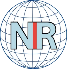 Logo with stylized letters NR over a globe grid.